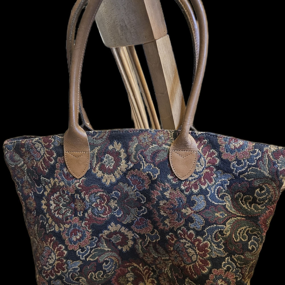 Vintage Richmark Rose Floral Tapestry Hobo Bag Made in USA 1950s Leather Sack
